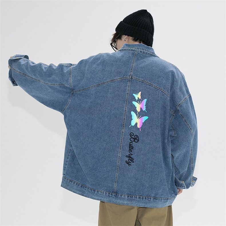 2021秋季新日系大码男镭射反光炫彩蝴蝶印花牛仔夹克外套NJ126P70,男装夹克,电商A001