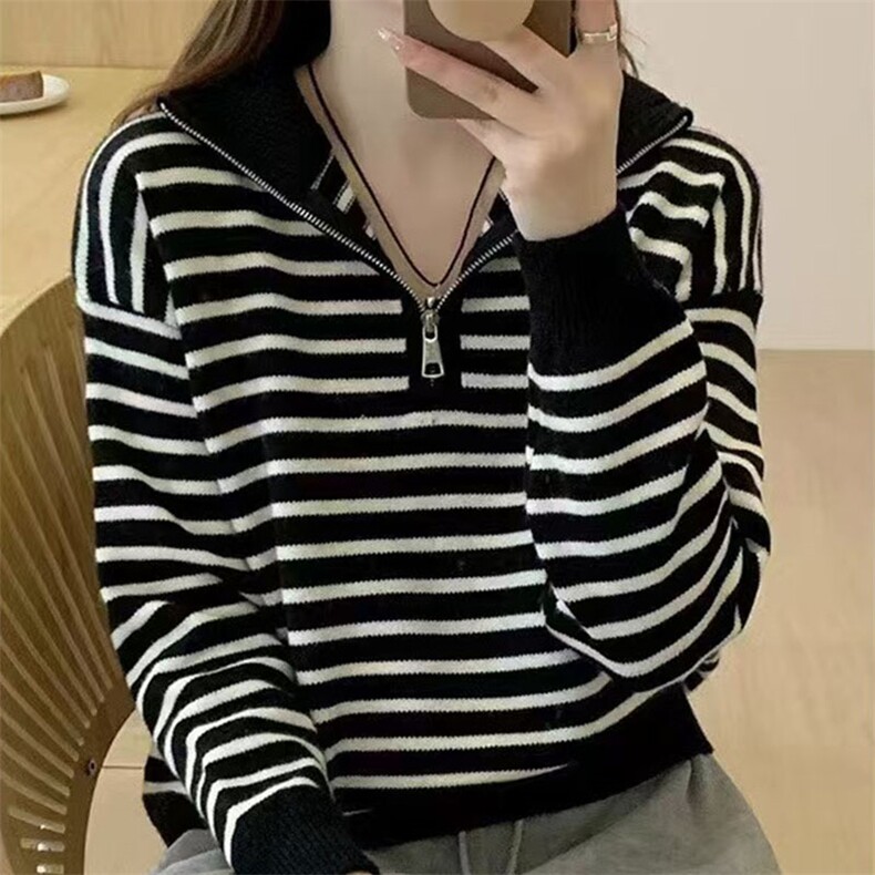慵懒风条纹POLO翻领长袖卫衣女秋季韩版宽松休闲半拉链上衣,针织衫/毛衣,萱芳婷羊绒
