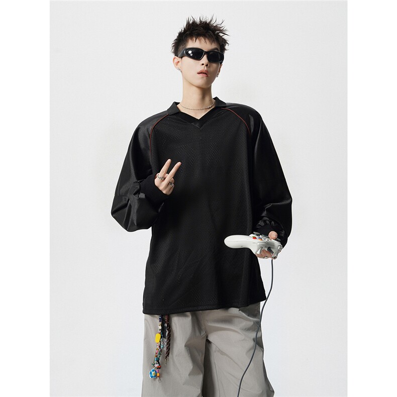 可二开美式POLO衫大码M-5XL拼接V领球衣长袖T恤男CX78111P45控69,男装Polo衫,星座226-1