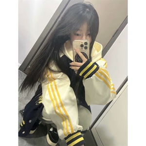 2024新款潮牌撞色三条杆棒球服女春秋宽松百搭夹克外套潮图片