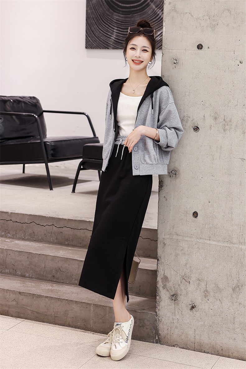 现货2023新款欧货潮撞色假两件卫衣半身裙套装女两件套洋气,女装套装/套裙,仟媚宠