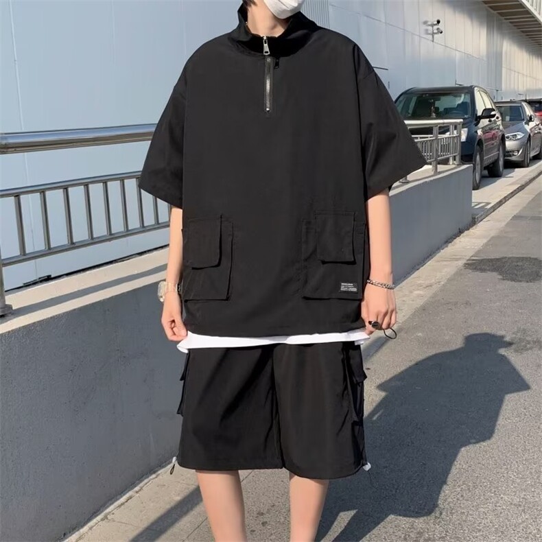 夏季慵懒POLO衫文艺五分裤新款男简约时尚五分袖套装TZ9032P45图片