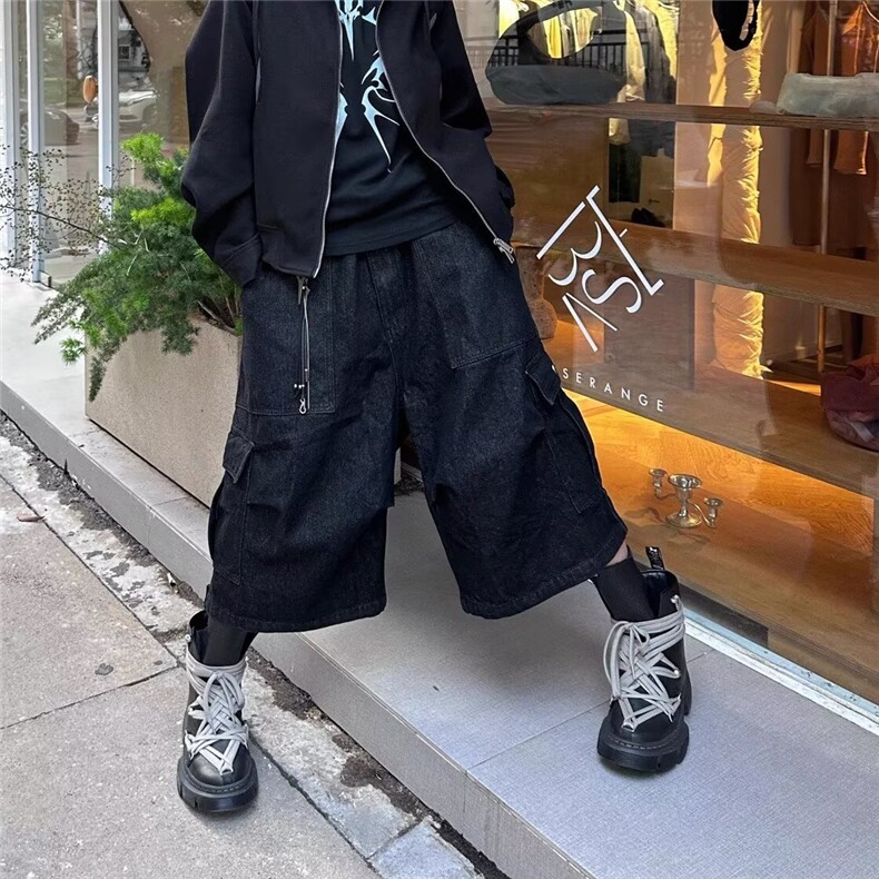 美式复古深蓝色牛仔七分裤女2025夏季慵懒风休闲高级阔腿工装短裤,男装牛仔裤,星座1210-1
