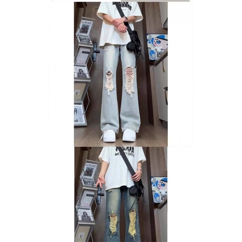 AK2107-P48新款宽松潮酷大破洞阔腿拖地牛仔裤,女装休闲裤,星座617A-2