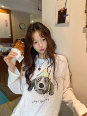 2025舒适百搭简约秋冬新款油画憨憨小狗长袖，女装T恤，湘姗