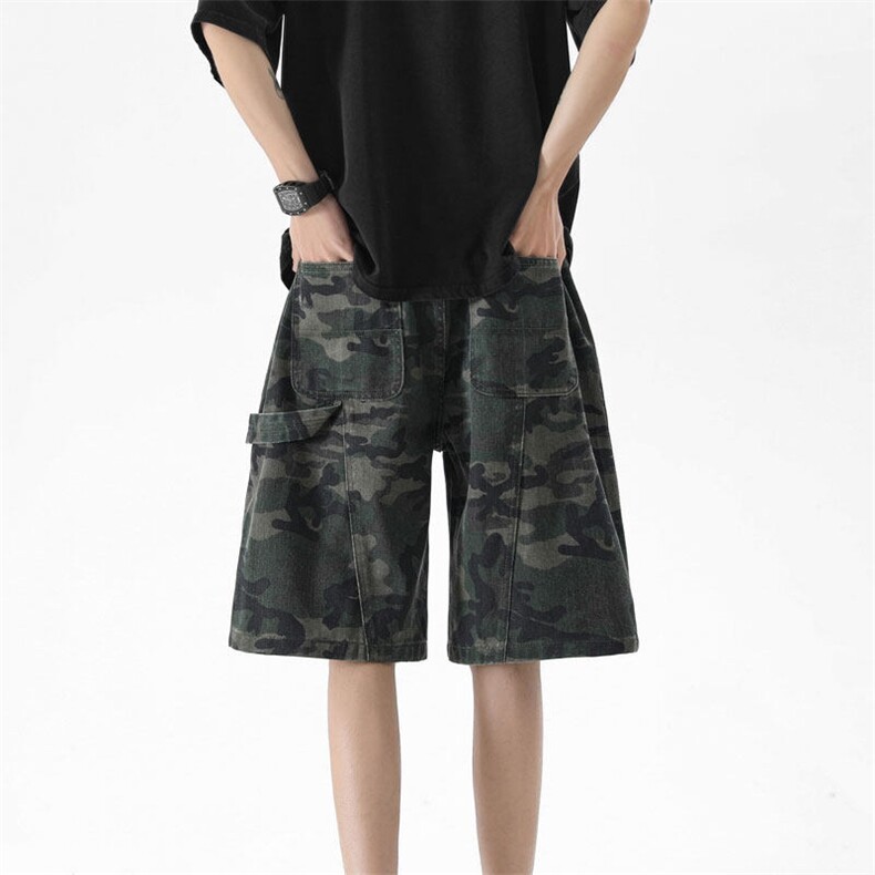 迷彩工装短裤男款夏季薄款美式高街嘻哈痞帅宽松直筒解构五分裤子，男装牛仔裤，电商A421