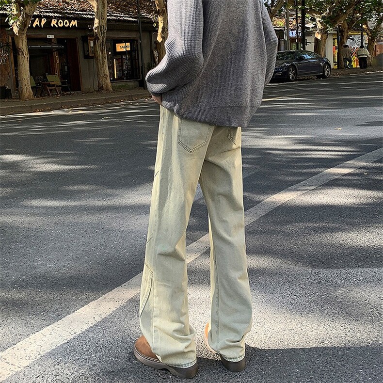 美式拼接牛仔裤男春秋痞帅微喇裤子复古小众直筒工装裤AMX213P45,男装牛仔裤,星座1013-5