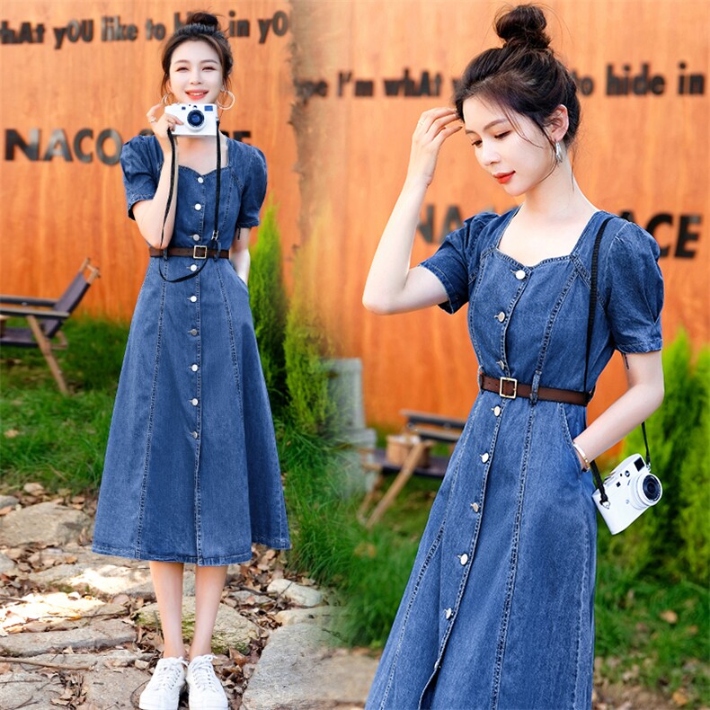 欧洲站方领牛仔连衣裙女2026年夏季修身显瘦高端气质复古A字长裙，女装连衣裙，印象茜