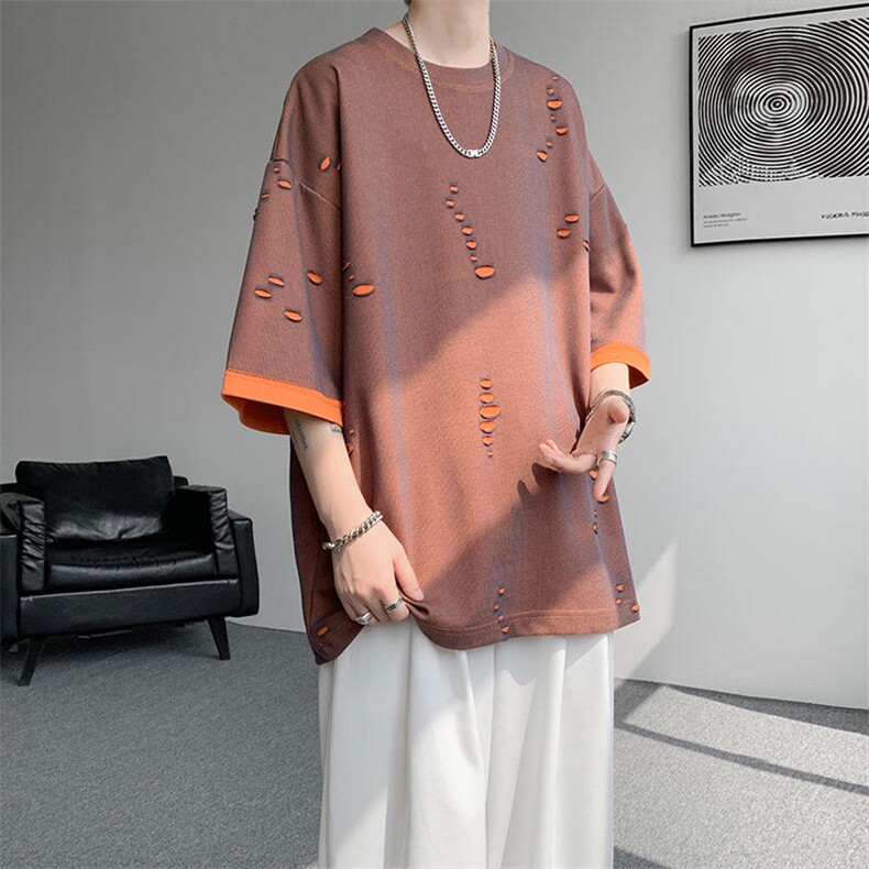 T10137-特批33控68开口笑高品质夏季大码短袖破洞潮流百搭T恤,男装T恤,电商A059