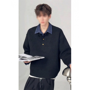 美式复古假两件毛衣卡其拼接翻领针织衫老钱风内搭打底衫JL07 P75图片