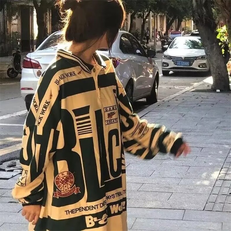 美式复古拼色宽松polo衫长袖男翻领潮牌hiphop高街t恤长袖潮,男装Polo衫,星座506A
