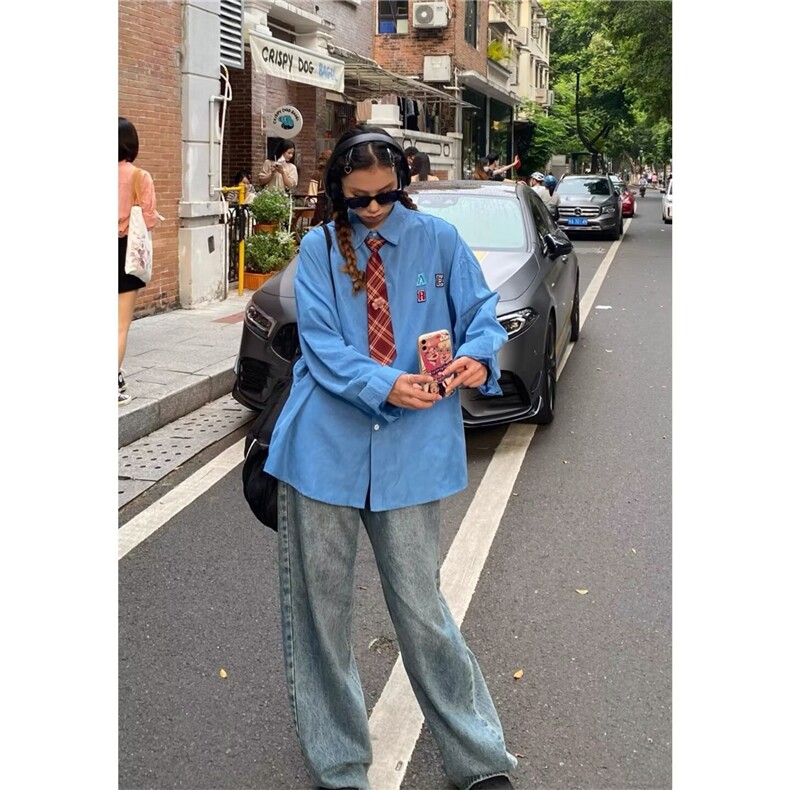 7023-P40潮流复古港风领带衬衫男女潮牌小众设计感休闲宽松长袖,男装衬衫,电商B323A