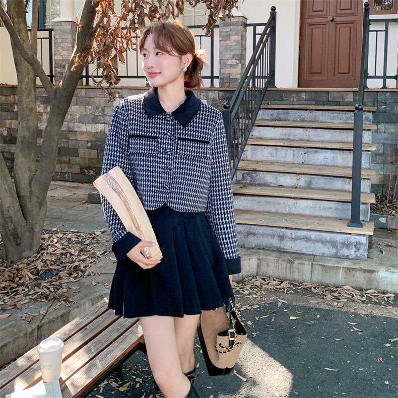 双面呢羊毛格纹上衣百褶裙套装女秋冬小个子大方得体巨好看两件套,女装羊绒大衣,2C316