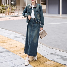 潮牌复古时尚牛仔套装女2024春秋新款洋气炸街短外套阔腿裤两件套，女装套装/套裙，江南女神