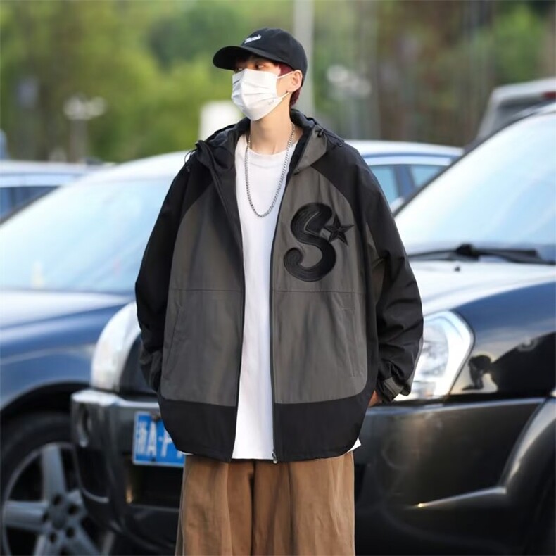 秋季美式冲锋衣设计感宽松刺绣机能连帽冲锋衣外套男W5931-P56,男装夹克,星座512-2