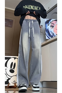A1218TP48控78-秋季新款三杠条纹拼接牛仔裤男美式高街vibe裤子潮图片