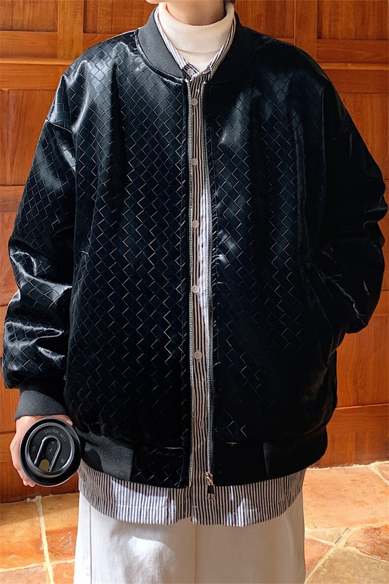 2023冬季新款男士潮牌格子PU皮棒球服棉衣黑色外套MYTC192P115,男装棉衣,电商B220