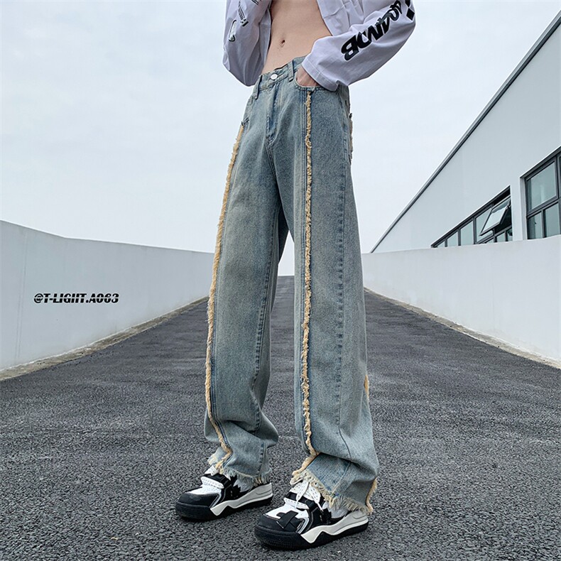 美式ins高街hiphop重工艺水洗毛边牛仔裤货号K712P65图片