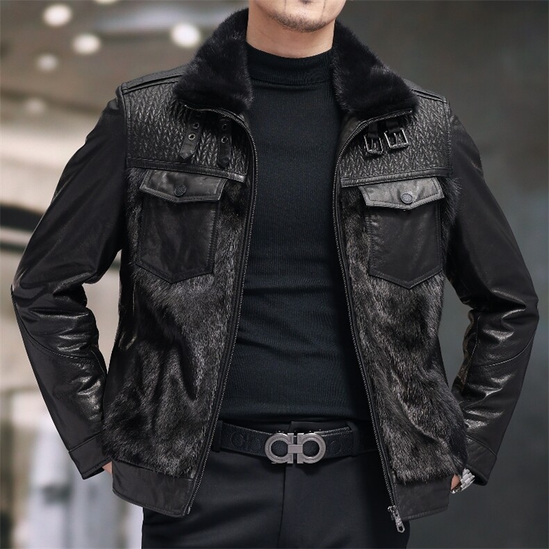 BIJ2505冬季海宁真皮羽绒服男山羊皮夹克翻领时尚男装机车皮衣图片
