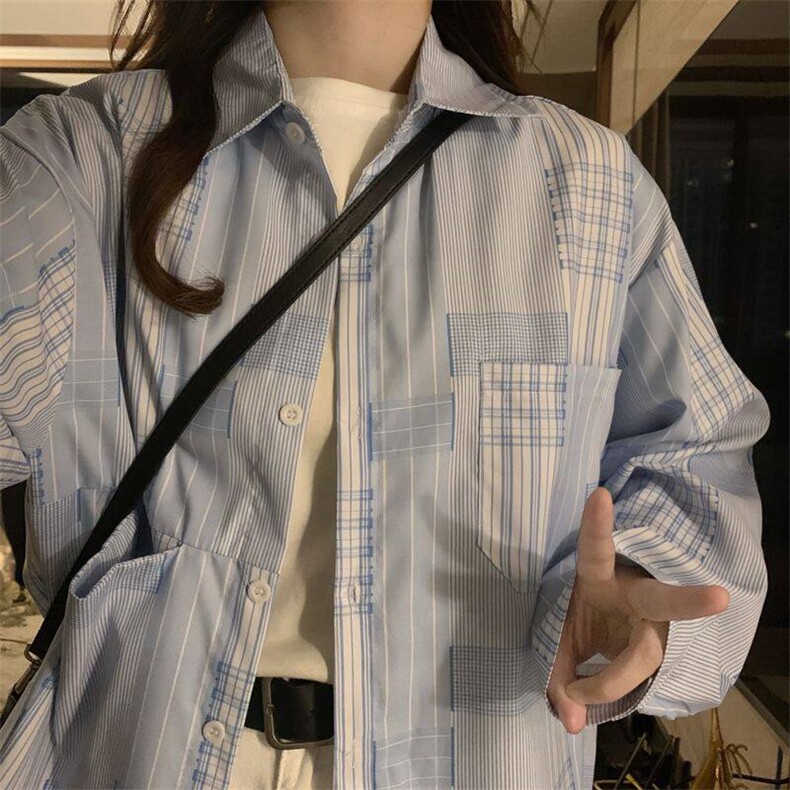 D724-P45日系复古拼接格纹印花衬衫长袖学院风翻领薄上衣春夏,男装衬衫,星座911