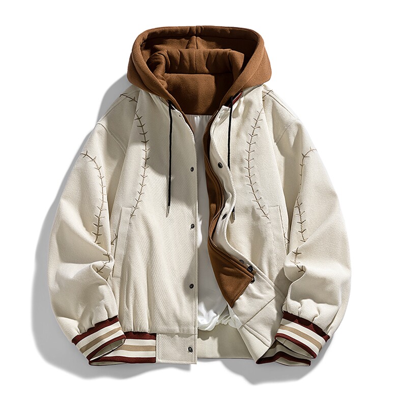 假两件连帽棒球服春季宽松复古明线刺绣潮流外套XZ309JK8006P95,女装短外套,星座309（原A406）