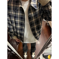 美式复古双面穿短款外套男女春秋款潮牌格子翻领哈灵顿夹克WT466，男装夹克，星座601-1