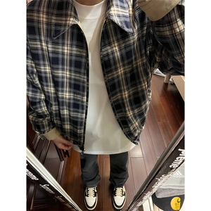 美式复古双面穿短款外套男女春秋款潮牌格子翻领哈灵顿夹克WT466图片