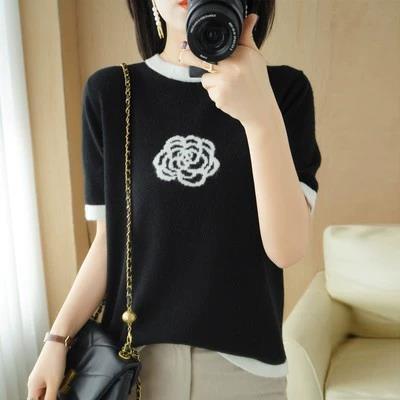 圆领羊毛衫针织短袖T恤女羊绒2022新款针织衫薄款山茶花撞色百搭,针织衫/毛衣,鄂维那特