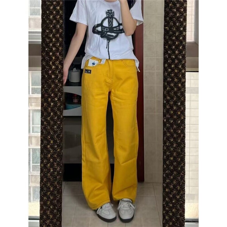 黄色阔腿版型牛仔裤女随性自由刺绣标街头NA1828,男装牛仔裤,星座1116A（原606A-3）