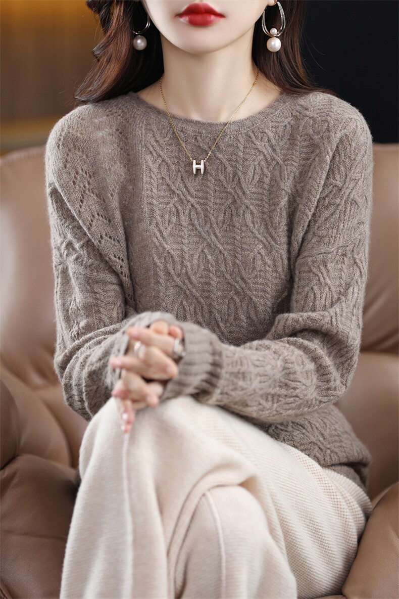 女士秋季新款时尚修身显瘦镂空羊毛针织衫,女装羊毛衫,狄美羊绒