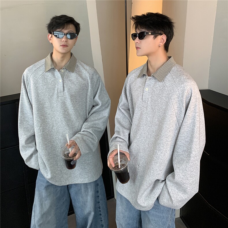 格子拼接翻领POLO衫男秋季宽松休闲长袖T恤打底衫上衣W101-P48,男装Polo衫,电商C307