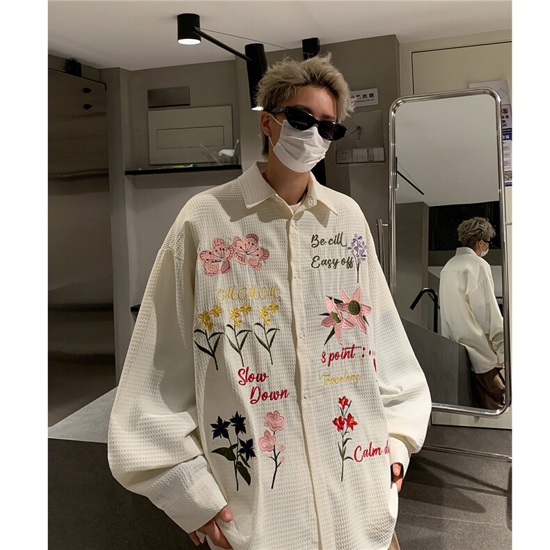2024 美式复古华夫格彩色花卉刺绣长袖衬衫情侣上衣男女H980 P78图片