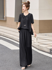 2025年夏季新款竖条纹压花肌理慵懒立领无袖衫上衣阔腿裤时尚，女装连体裤，魅丽静蓝