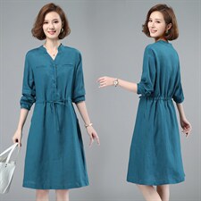 2021春季新款时尚气质小V领舒适休闲中长款连衣裙，女装连衣裙，小林双子
