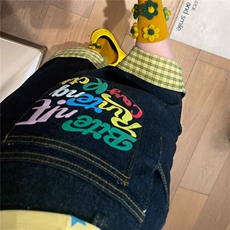 布零零格子拼接彩绘美式复古七分裤女宽松直筒牛仔短裤设计感小众，男装牛仔裤，星座506A