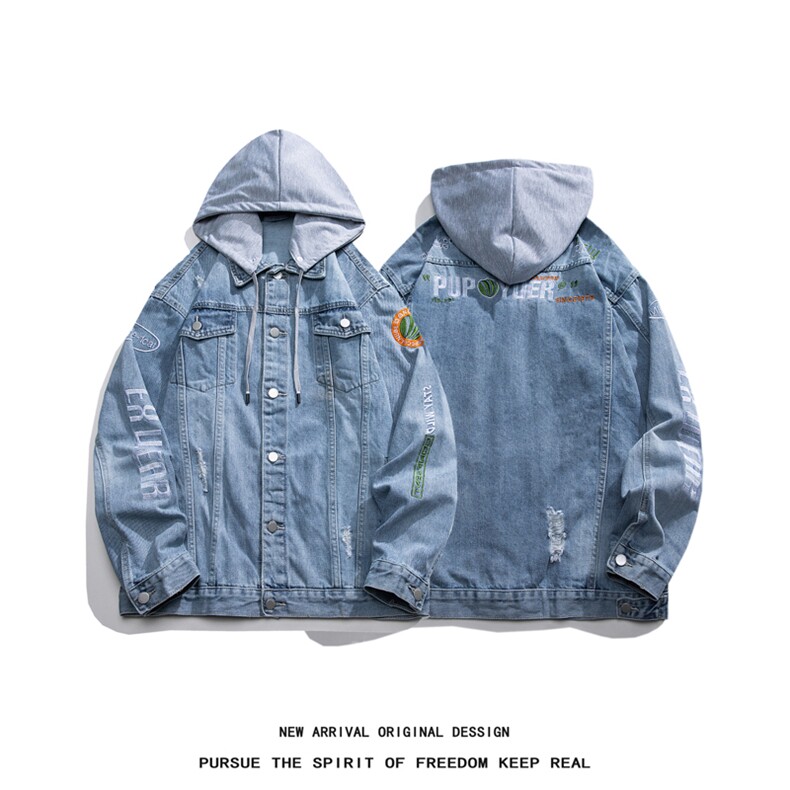 JK3014-p85  M-5X白底ins牛仔夹克绣花破洞大码男日系CITYBOY图片