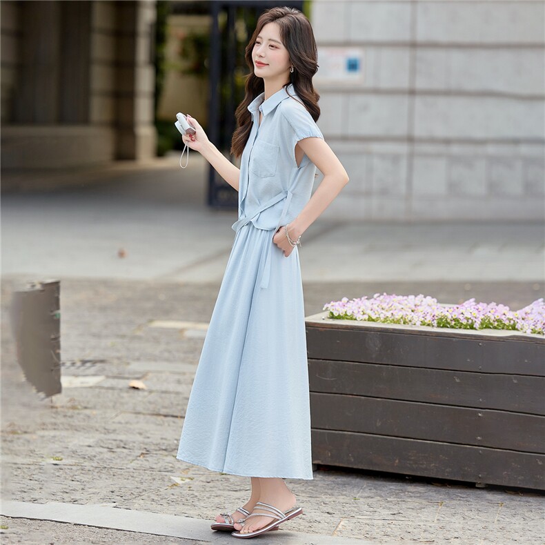 2026夏季新款韩系设计不规则系带减龄上衣+中长半身裙两件套,女装套装/套裙,难舍钰依