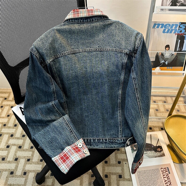 拼接格纹翻领牛仔外套男春秋设计感宽松夹克潮JK08312-P72有垫肩,男装工装外套,星座308B-1