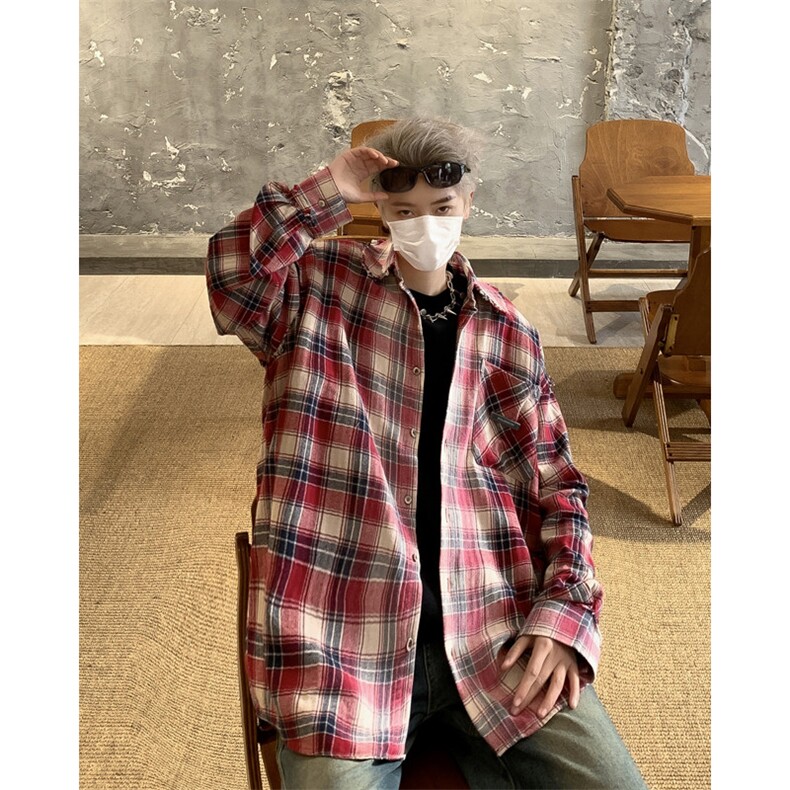 美式复古格纹拼色长袖衬衫男宽松春季高街流苏设计开衫潮,男装衬衫,星座410-7