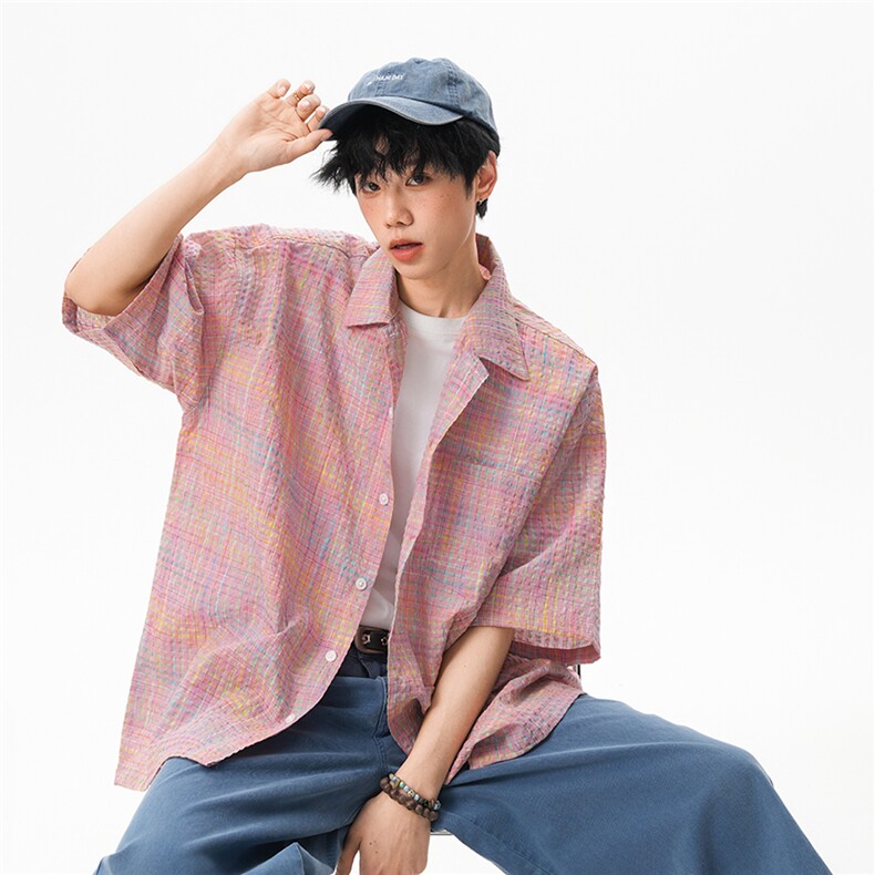 美式格纹泡泡纱短袖T恤衬衫男女夏季薄款设计感半袖宽松速干外套,男装衬衫,星座1210-1