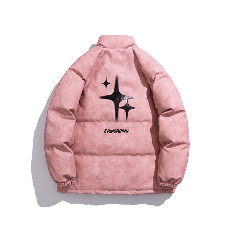 白底立领PU皮复古做旧印花字母图案设计棉衣男MY77719P130控178，男装棉衣，星座226-1