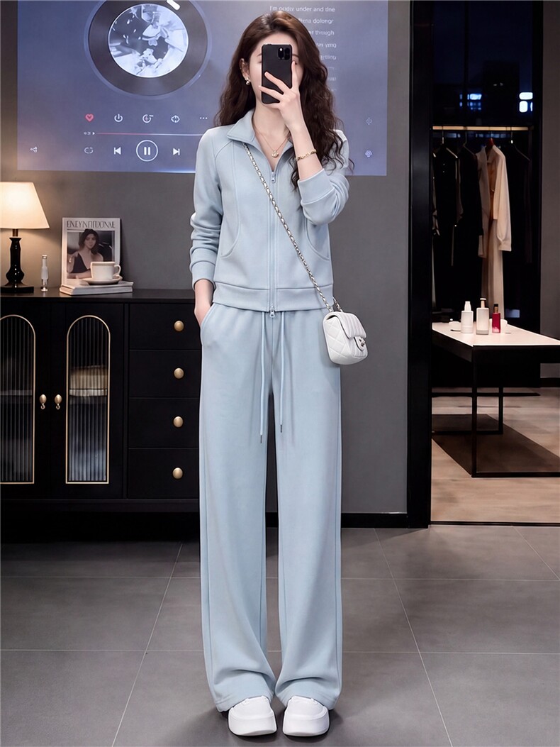 高级感时尚休闲运动服套装女春秋新款立领长袖卫衣阔腿长裤两件套,女装套装/套裙,江南