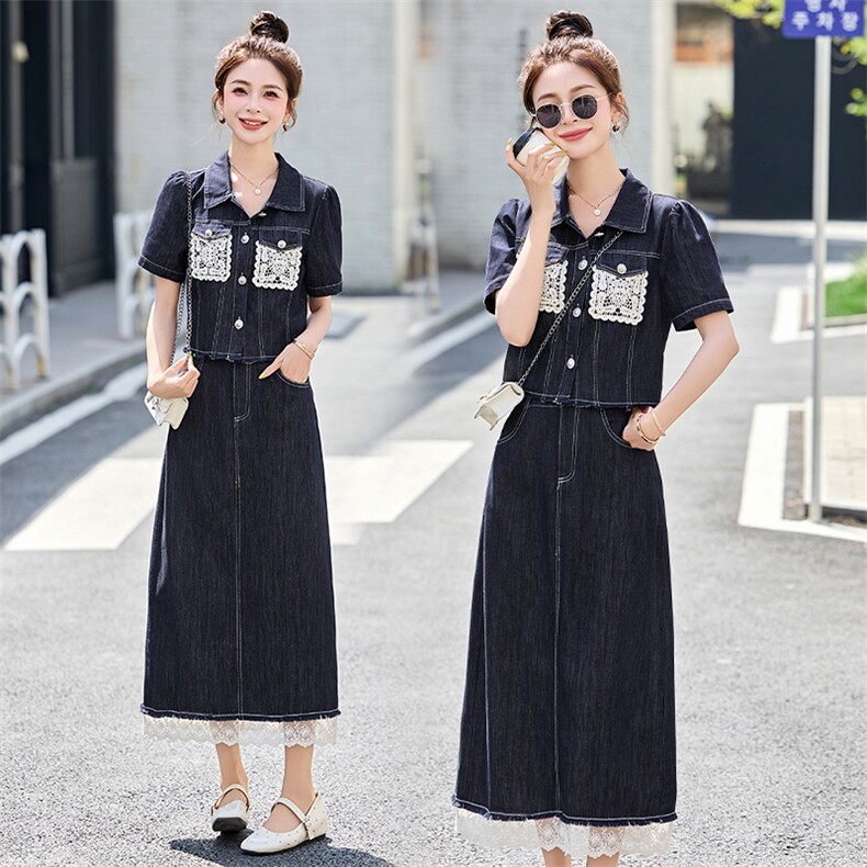 2025夏季新款时尚气质蕾丝拼接牛仔复古洋气套装裙,女装套装/套裙,妙形