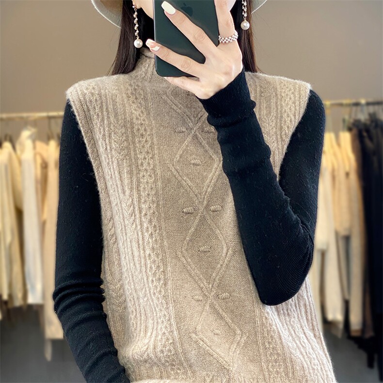 25秋冬新款半高领提花100%纯羊毛马甲女无袖开叉背心宽松羊绒坎肩,女装马甲,德晨羊绒