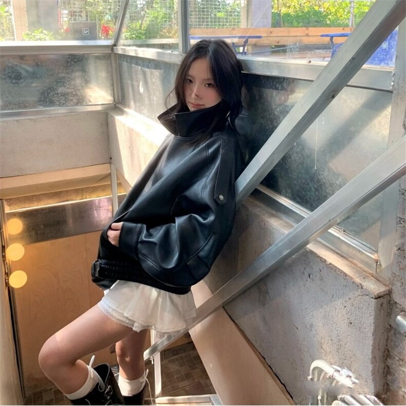 PU9152-P70美式复古重磅黑色PU皮衣外套女设计感宽松机车服夹克,男装皮衣,电商B323A
