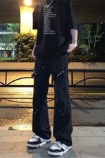 已授权纯黑色绑带牛仔裤夏季薄款江浙沪穿搭微喇裤，男装牛仔裤，星座310A-4