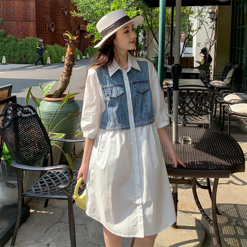 《现货新品》假两件牛仔翻领衬衫连衣裙,女装连衣裙,MQ
