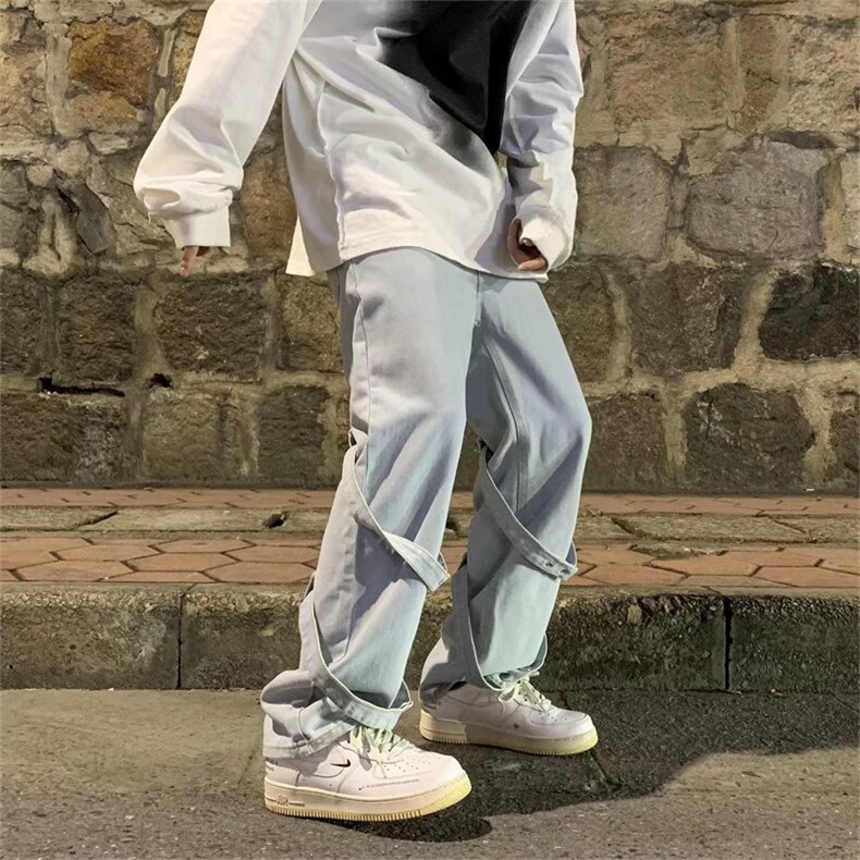 欧美嘻哈裤子男春ins潮牌高街宽松绑带牛仔裤N8066P45,男装牛仔裤,星座1116-2