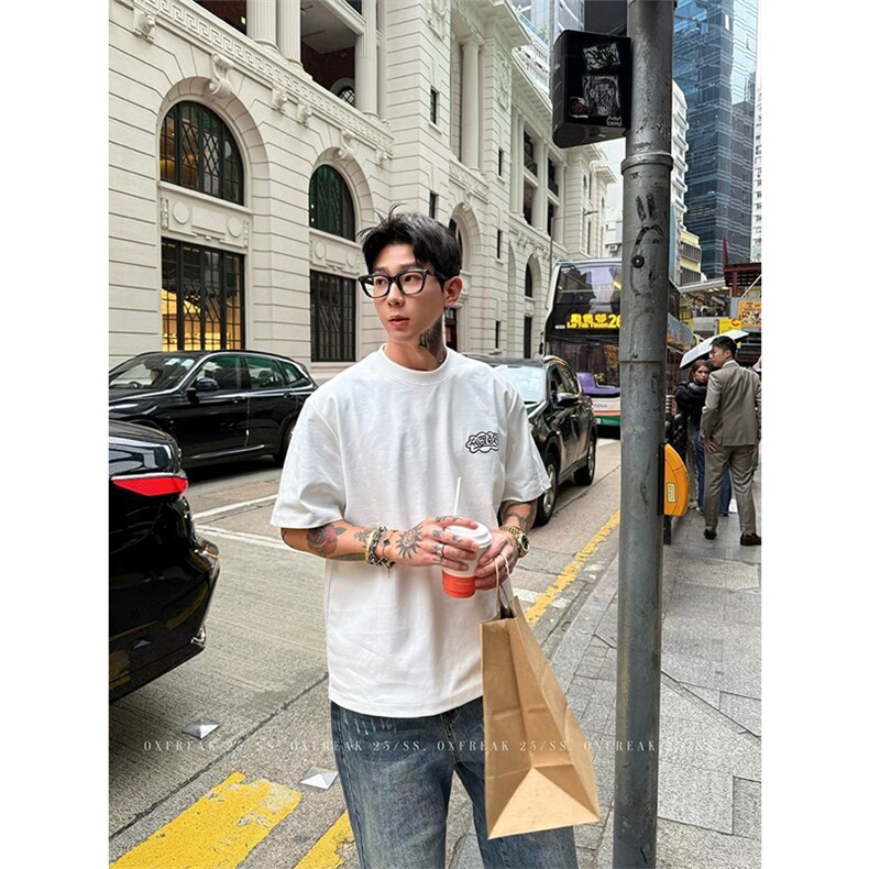 网图有货美式卡通字母刺绣短袖t恤男女情侣宽松五分袖A482-P30,男装T恤,星座1505