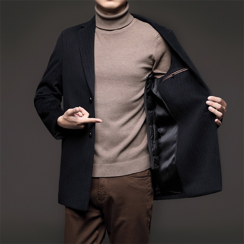 羊毛毛呢大衣西装领冬季新款加厚保暖外套白鸭绒内胆上衣中年男装，男装毛呢大衣，电商B212（原钱塘6029）